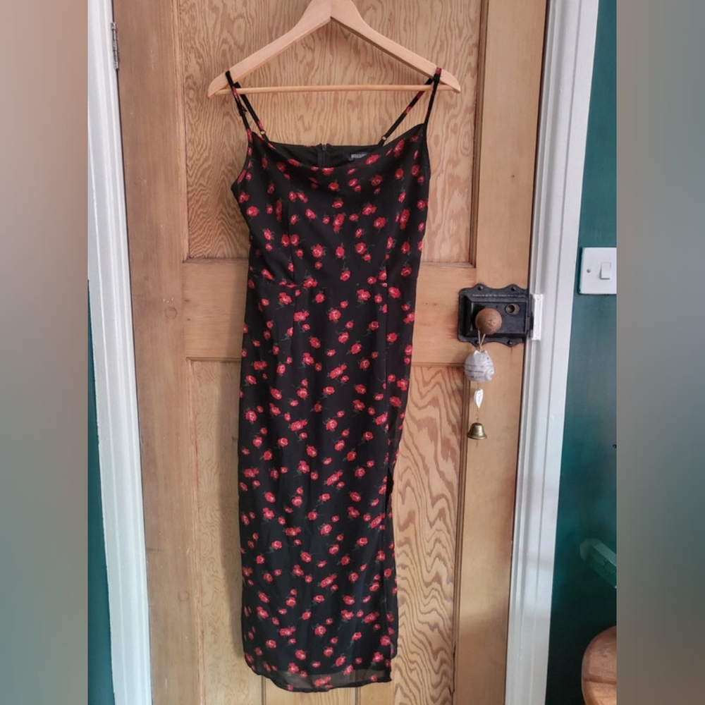Missguided Black Midi Dress with Red Floral Accents